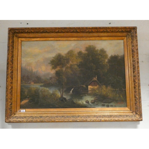 386 - A large oil on canvas painting of a continental landscape with a mill to the foreground. Signed lowe... 