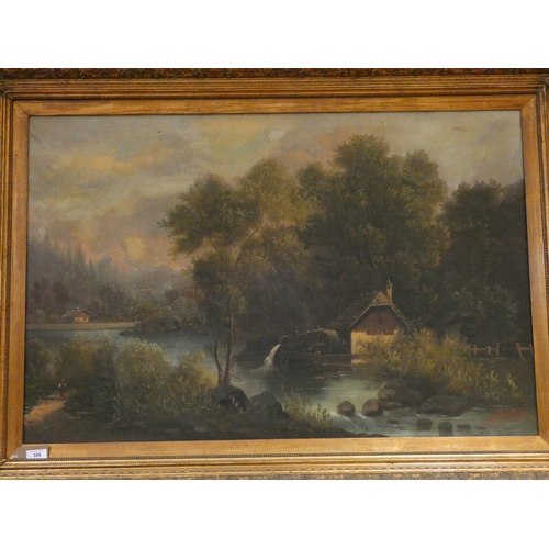 386 - A large oil on canvas painting of a continental landscape with a mill to the foreground. Signed lowe... 