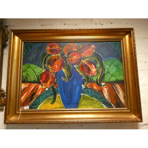 388 - A modern oil on canvas of a still life blue vase of red tulips in a gilt frame. Signed Johan Smith. ... 