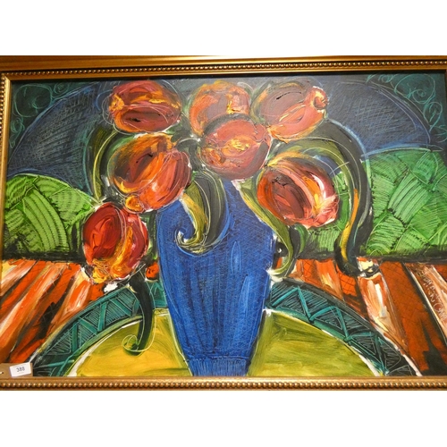 388 - A modern oil on canvas of a still life blue vase of red tulips in a gilt frame. Signed Johan Smith. ... 