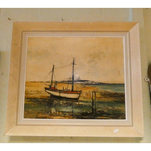 403 - A 20th century oil on canvas of a seashore scene with beached boats, signed lower left Depresle. Ima... 