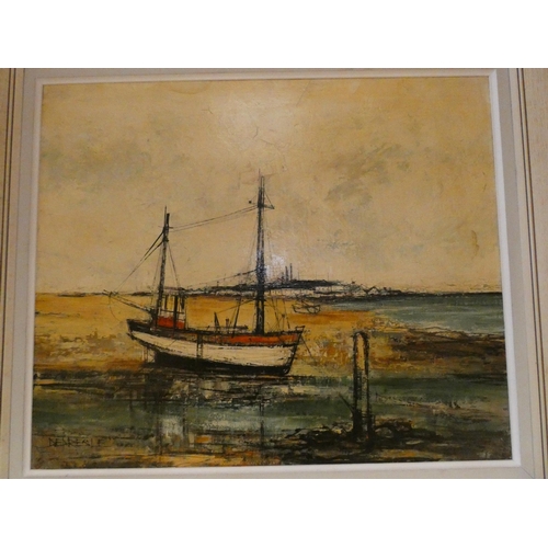 403 - A 20th century oil on canvas of a seashore scene with beached boats, signed lower left Depresle. Ima... 