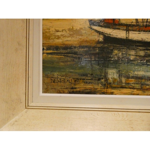 403 - A 20th century oil on canvas of a seashore scene with beached boats, signed lower left Depresle. Ima... 