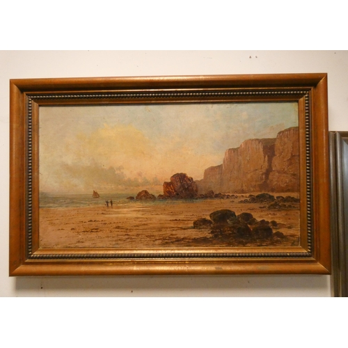 404 - A large 19th century oil on canvas of a beach scene with children. Framed. Image size 18