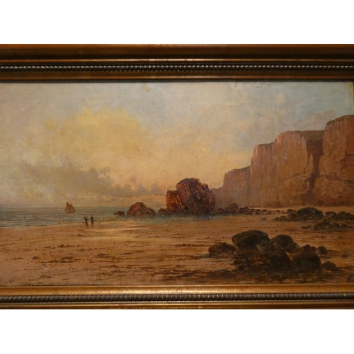 404 - A large 19th century oil on canvas of a beach scene with children. Framed. Image size 18