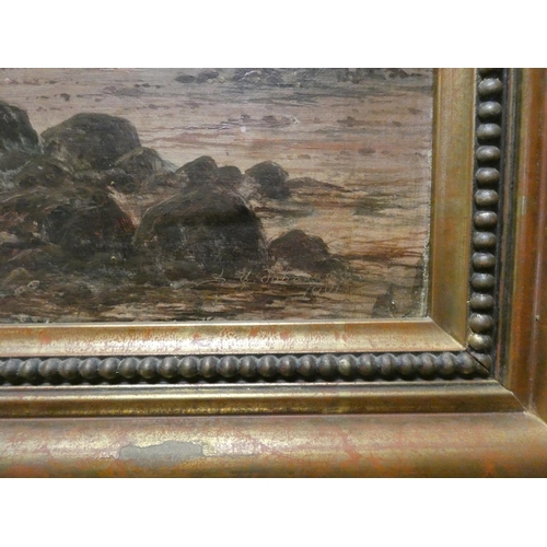 404 - A large 19th century oil on canvas of a beach scene with children. Framed. Image size 18