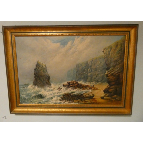 405 - A Victorian oil on board of a stormy seascape. Signed lower right C Rollson 1899. Image size 19