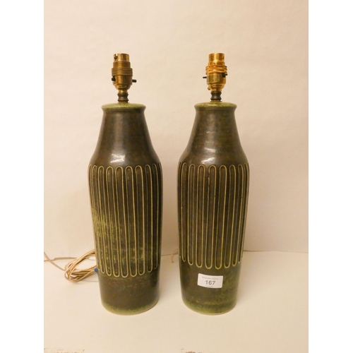 167 - A pair of dark green china table lamps marked at the base 'Bornholm Denmark' both with shades. 20