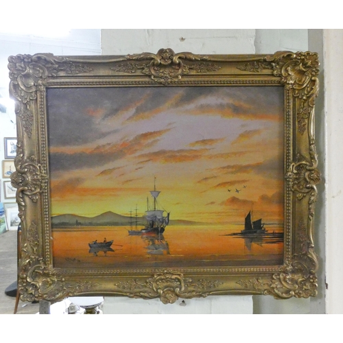 280 - An oil on canvas of a sunset marinescape, signed GB Wright and dated 1973, together with a watercolo... 