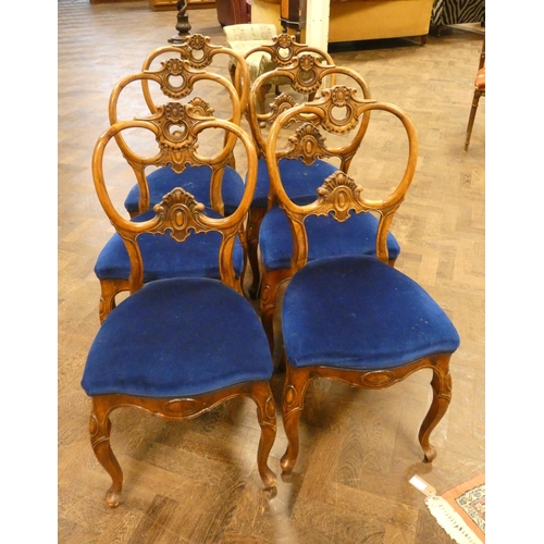 409 - A set of six Victorian delicate balloon backed dining chairs on cabriole legs upholstered in blue dr... 