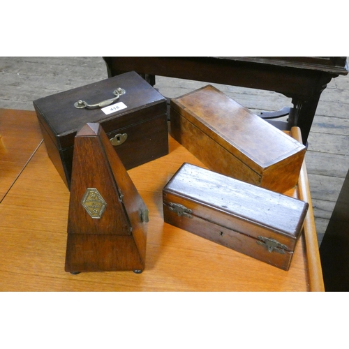 418 - A mahogany tea caddy (interior missing), two other boxes and an oak metronome marked to the base, T.... 