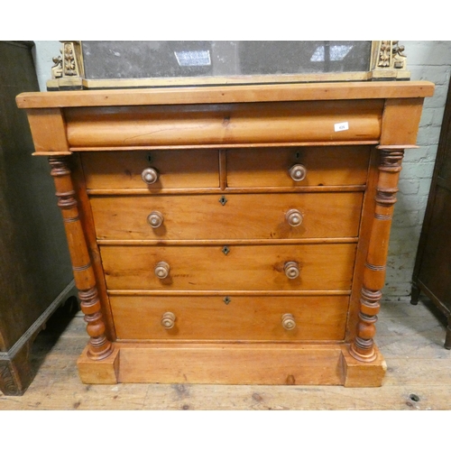 426 - A stained pine chest of three long and two short drawers with one long drawer over with a column to ... 