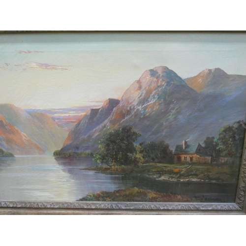 428 - F E Jamieson - a pair of oil on canvas highland lake scenes, both in gilt frames, signed lower right... 