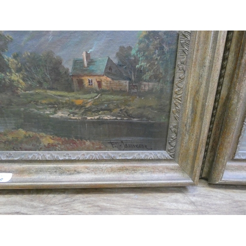 428 - F E Jamieson - a pair of oil on canvas highland lake scenes, both in gilt frames, signed lower right... 