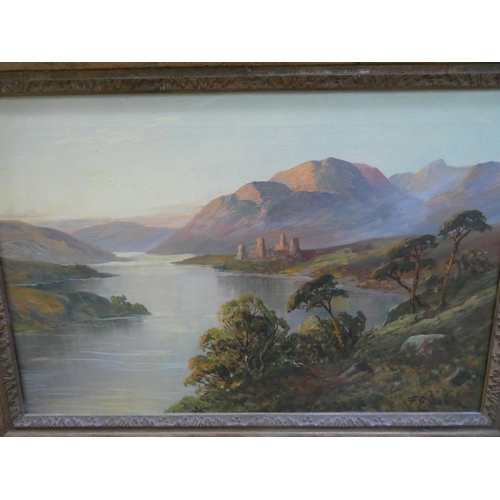 428 - F E Jamieson - a pair of oil on canvas highland lake scenes, both in gilt frames, signed lower right... 