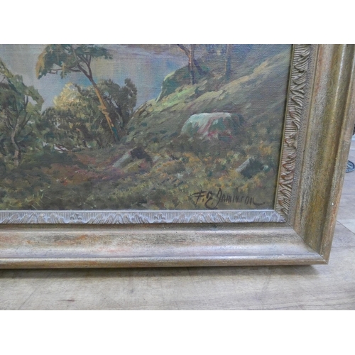 428 - F E Jamieson - a pair of oil on canvas highland lake scenes, both in gilt frames, signed lower right... 