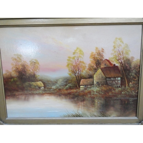 429 - A late 19th century oil on board of a cottage by a lake. 13