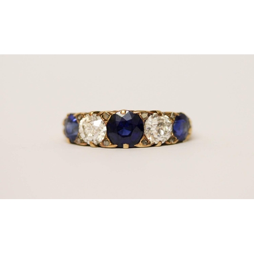 708 - A Victorian sapphire and diamond five stone ring, comprising three sapphires spaced by two old-cut d... 