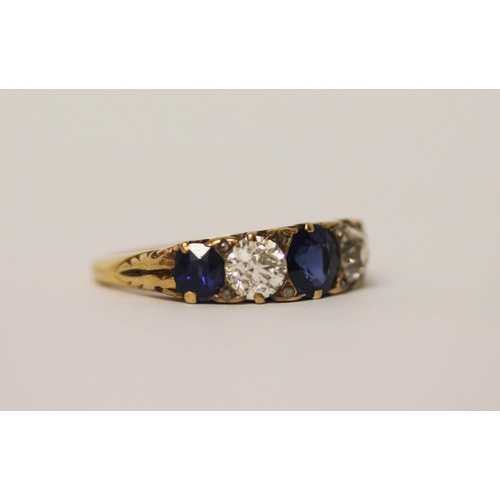 708 - A Victorian sapphire and diamond five stone ring, comprising three sapphires spaced by two old-cut d... 