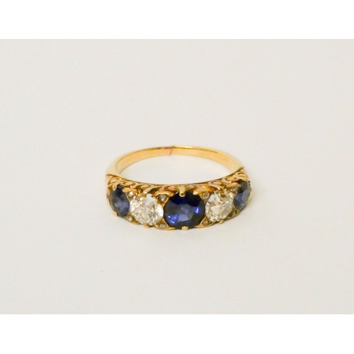 708 - A Victorian sapphire and diamond five stone ring, comprising three sapphires spaced by two old-cut d... 