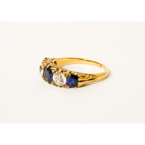 708 - A Victorian sapphire and diamond five stone ring, comprising three sapphires spaced by two old-cut d... 