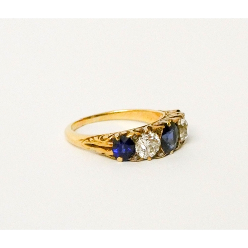 708 - A Victorian sapphire and diamond five stone ring, comprising three sapphires spaced by two old-cut d... 