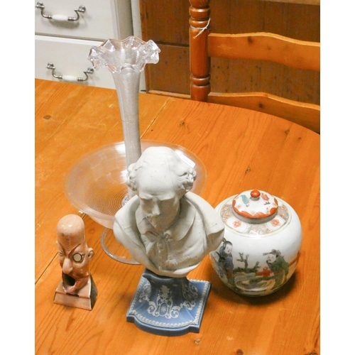 309 - A Victorian glass comport vase, a bust of Shakespeare on a Jasper ware base, a ginger jar and a figu... 