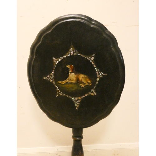 384 - A Victorian black lacquer and mother of pearl inlaid snap top table on pillar base. The top painted ... 