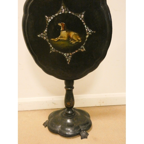 384 - A Victorian black lacquer and mother of pearl inlaid snap top table on pillar base. The top painted ... 