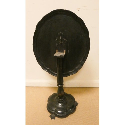 384 - A Victorian black lacquer and mother of pearl inlaid snap top table on pillar base. The top painted ... 