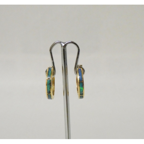 590 - Australian boulder opal 18ct yellow gold huggie  hoop earrings. Marked 750. Gross weight 5g