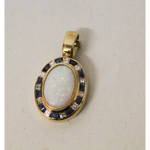 593 - An opal, sapphire and diamond oval pendant enhancer, bespoke made in 18ct yellow gold. Unmarked. Ope... 