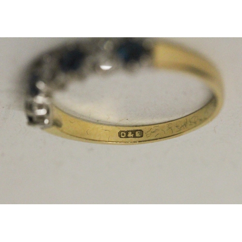 595 - A blue topaz and diamond half hoop eternity style ring, on 18ct yellow gold band. Hallmarked, ring s... 