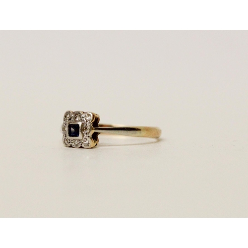 602 - An Art Deco sapphire and diamond square cluster ring, band marked 18ct & Plat. Ring  size N, gross w... 