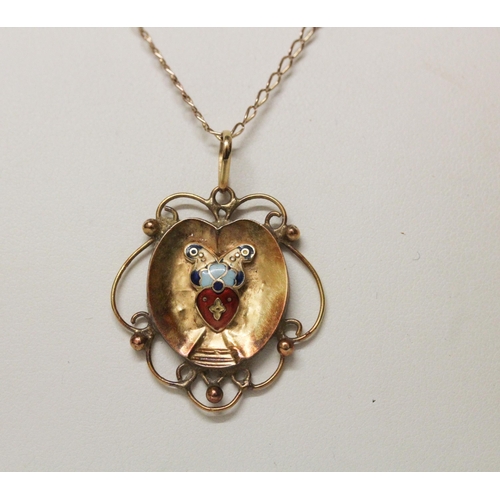 632 - An Arts & Crafts gold and enamel pendant, on a fine 9ct gold chain. Chain hallmarked. Gross weight 5... 