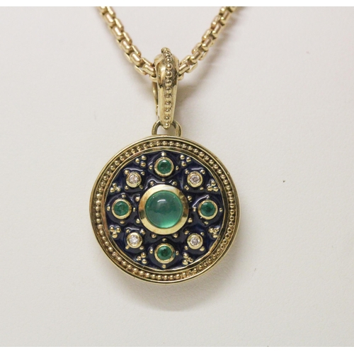 633 - An emerald, diamond and enamel circular pendant enhancer, with cabochon emeralds and brilliant cut d... 