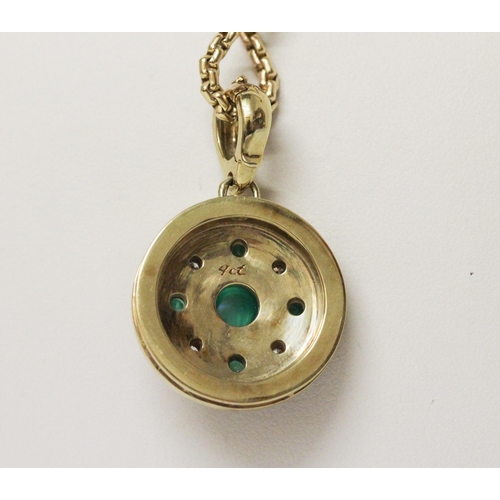 633 - An emerald, diamond and enamel circular pendant enhancer, with cabochon emeralds and brilliant cut d... 