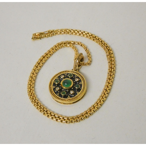 633 - An emerald, diamond and enamel circular pendant enhancer, with cabochon emeralds and brilliant cut d... 