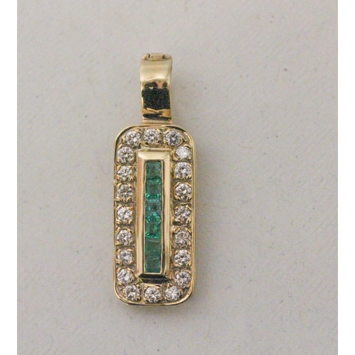 635 - An emerald and diamond pendant in the Art Deco style, the rectangular pendant channel set with emera... 