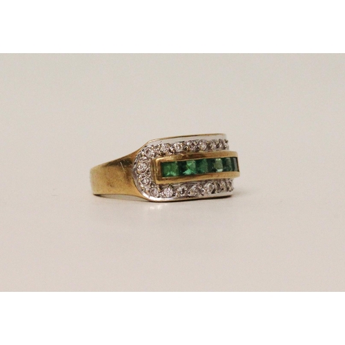 636 - An emerald and diamond ring in the Art Deco style, the rectangular setting channel set with emeralds... 