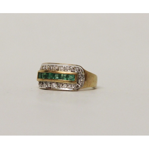 636 - An emerald and diamond ring in the Art Deco style, the rectangular setting channel set with emeralds... 