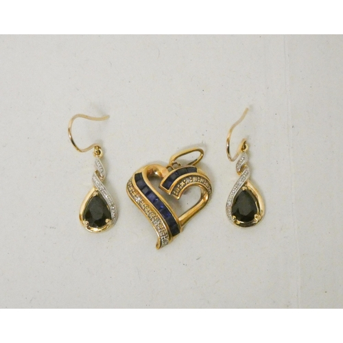 641 - A sapphire and diamond heart shaped pendant and a pair of sapphire and diamond drop earrings. Both i... 