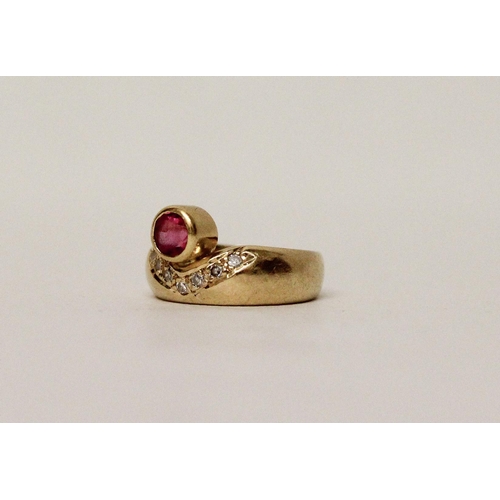 665 - A ruby and diamond pinky ring, in 18ct yellow gold, marked 750. Ring size G, gross weight 4.6g