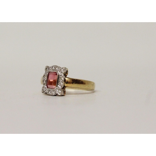 667 - A pink tourmaline and diamond cluster ring, of rectangular form and art deco inspiration, on 18ct ye... 