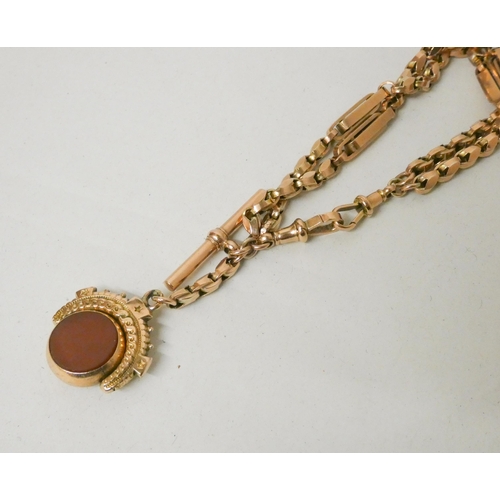 681 - Victorian 9ct rose gold fancy link watch albert chain, with T bar and hardstone set swivel fob. Used... 