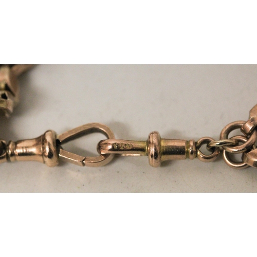 681 - Victorian 9ct rose gold fancy link watch albert chain, with T bar and hardstone set swivel fob. Used... 