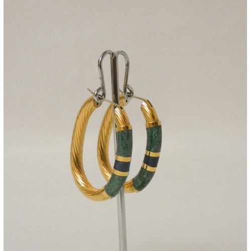 710 - A pair of Italian 18ct yellow gold and blue green enamel large oval hoop earrings, posts marked 750.... 