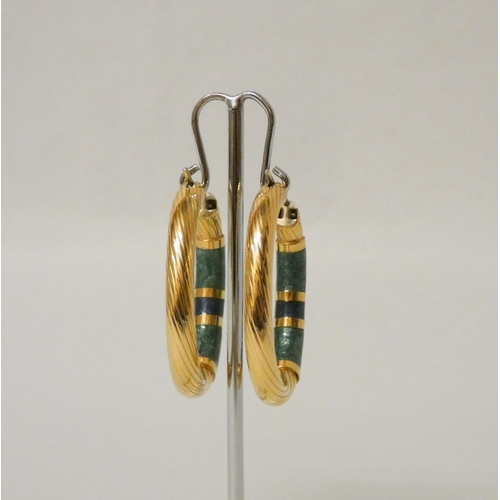 710 - A pair of Italian 18ct yellow gold and blue green enamel large oval hoop earrings, posts marked 750.... 