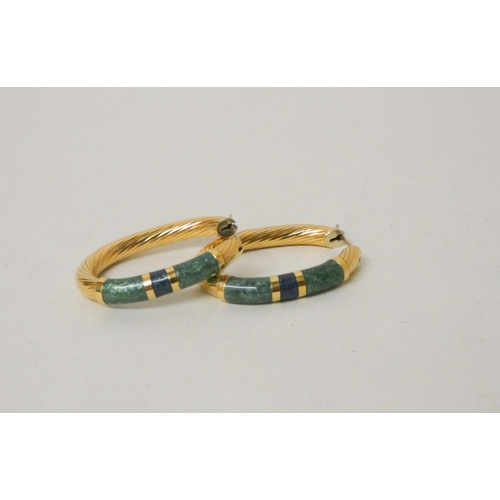 710 - A pair of Italian 18ct yellow gold and blue green enamel large oval hoop earrings, posts marked 750.... 