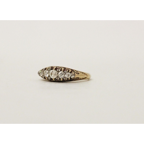 715 - A Victorian five stone diamond ring, on 18ct yellow gold band. Marked 18ct. Ring size J, 3.8g